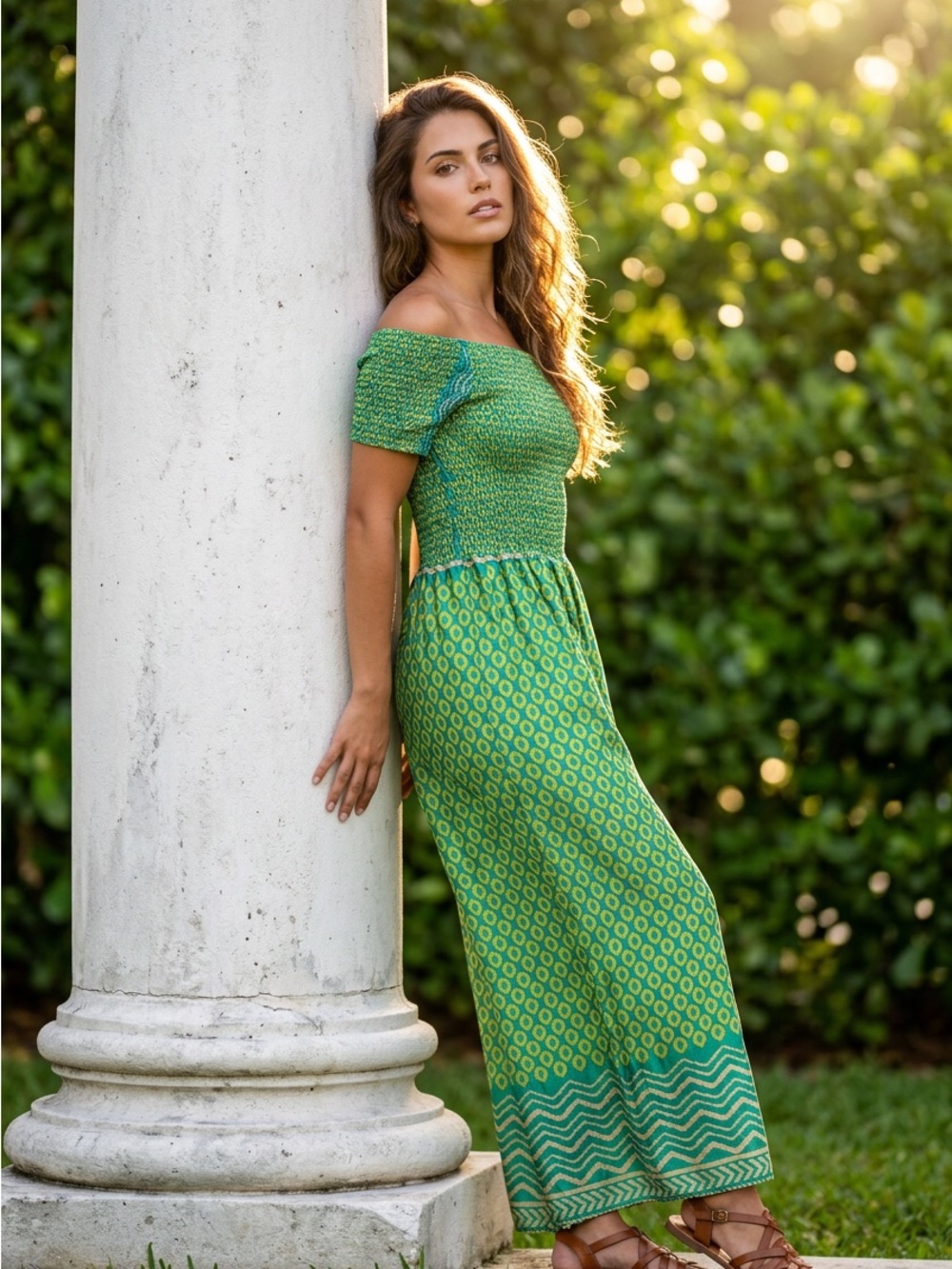 Off-Shoulder Silk Green Patterned Maxi Jumpsuit